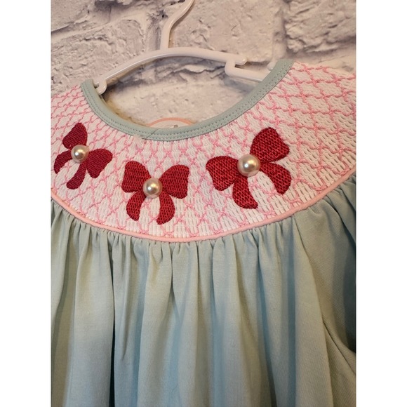 NWT Abby & Evie Girls Smocked Bishop Dress Bows Pearl Accents Size 7 - Picture 3 of 6